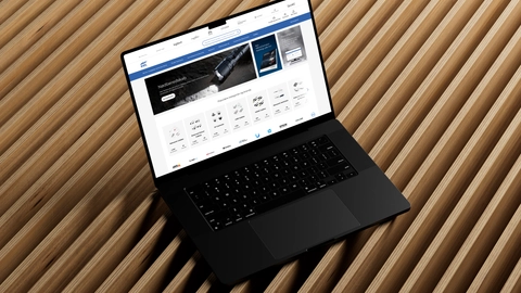 Bærbar computer vist ovenfra med en webside åben, der præsenterer forskellige produkter, placeret på en træoverflade med synlige riller.