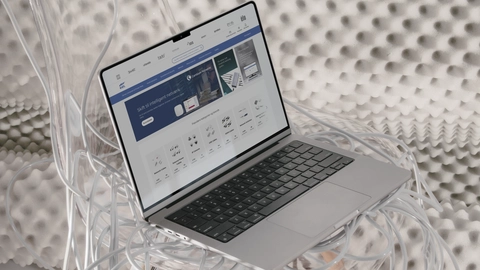 En bærbar computer på en gennemsigtig stol med ledninger, der er viklet om stolen, som viser en hjemmeside med teksten "Skift til intelligent netværk" og en præsentation af forskellige elektronikprodukter.