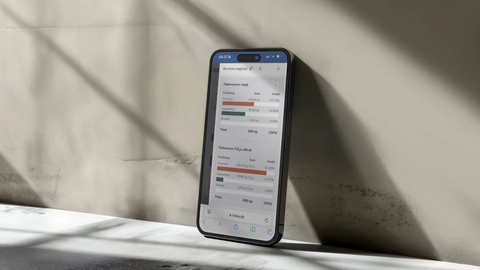 En smartphone, der viser en grafisk oversigt over fødevarer, herunder vægt og CO2-aftryk, placeret mod en væg med lys og skygger.