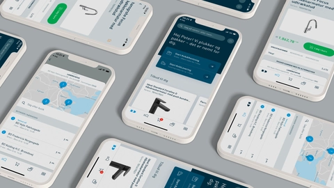 Billede af flere smartphones, der viser en brugervenlig app med produktinformation, lagerstatus og kortfunktioner til køb af køkkenarmaturer.