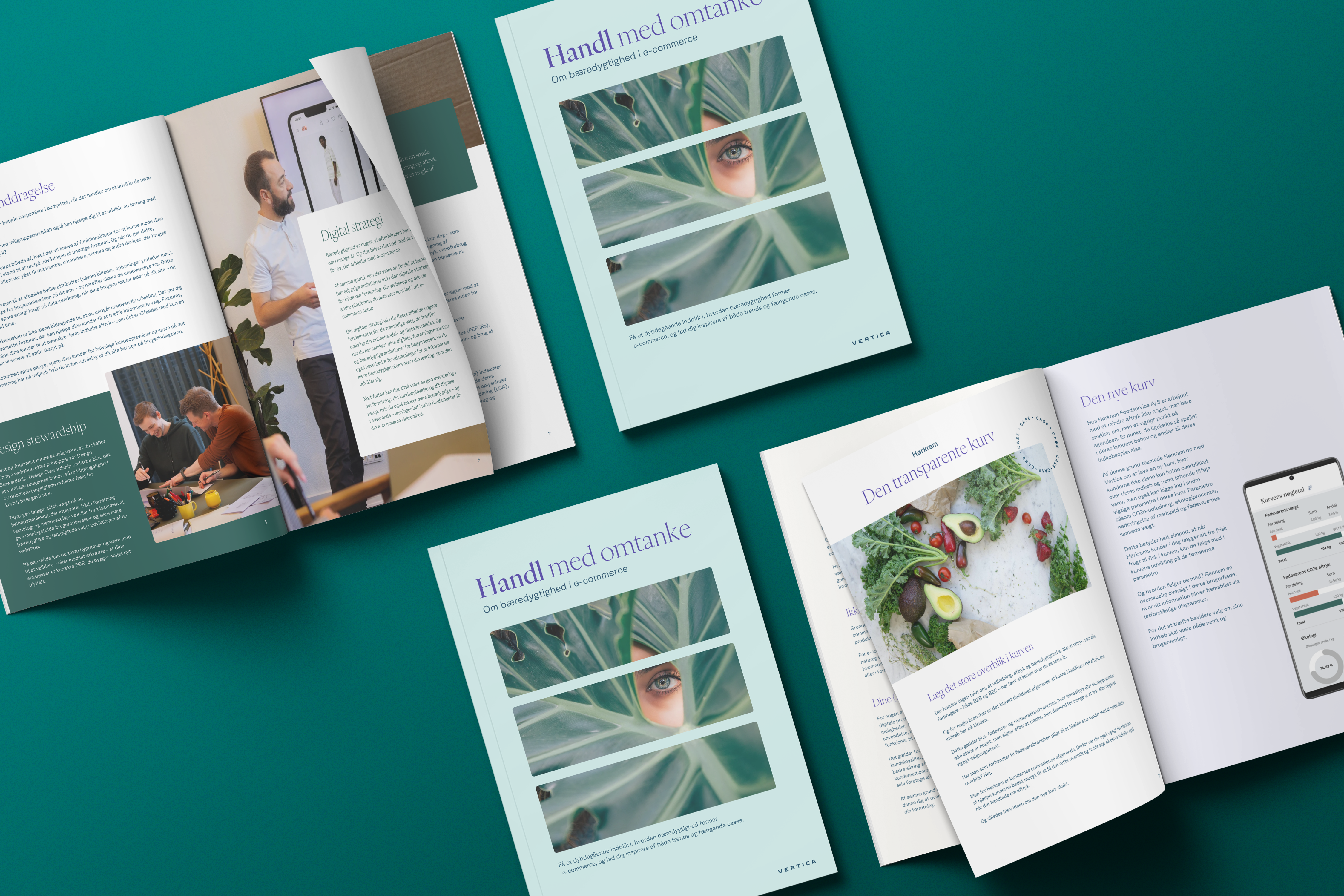 Billede af en brochure om bæredygtighed i e-handel, med fokus på digital strategi og design stewardship, præsenteret med billeder af mad og en person, der holder en præsentation.