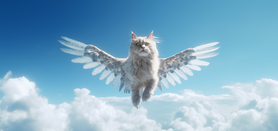 En fluffy hvid kat med vinger flyver over skyerne under en klar blå himmel.