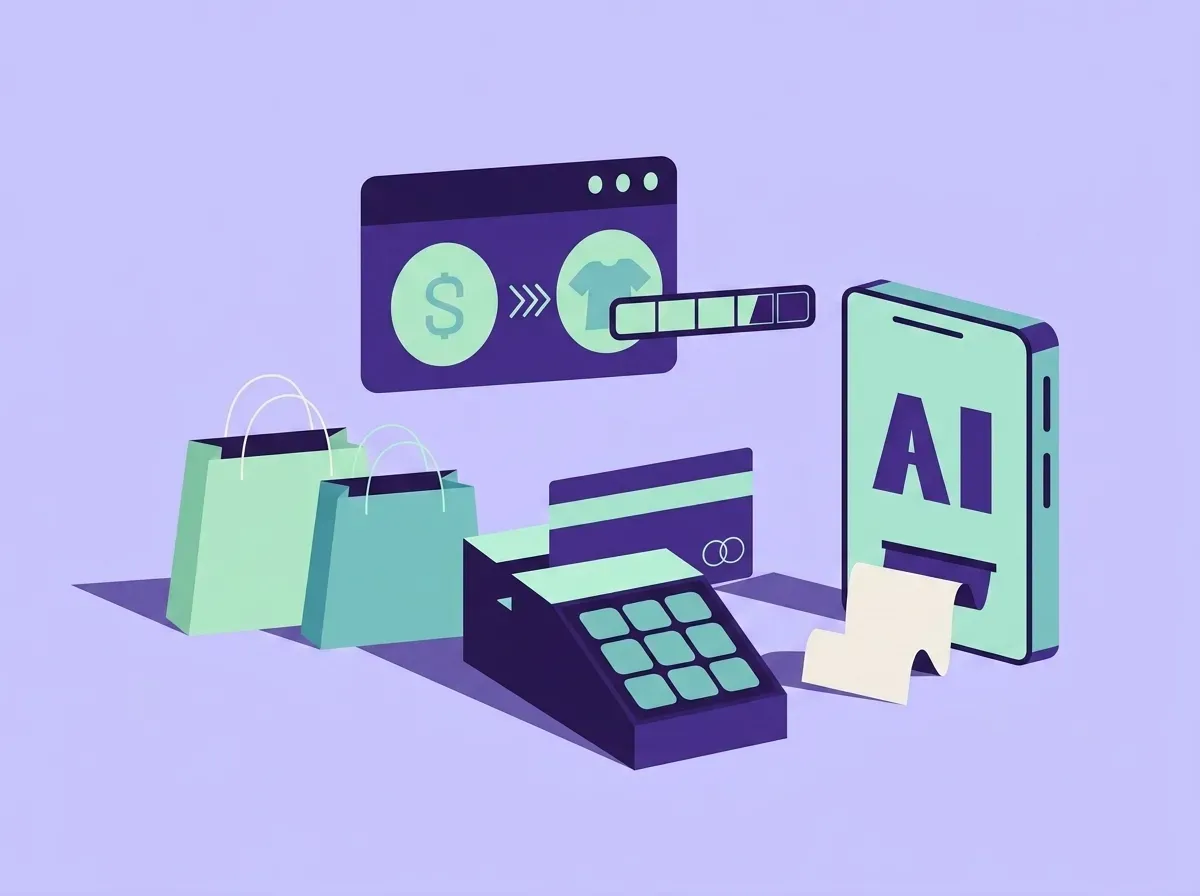 Illustration af online shopping og betaling, der viser indkøbsposer, et betalingssystem, kreditkort og en enhed med teksten "AI", alt på en lys lilla baggrund.