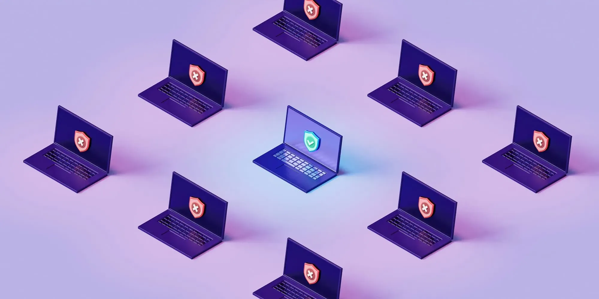 Grafisk illustration af ni bærbare computere i en cirkulær formation, hvor en af dem har et grønt sikkerhedssymbol og de øvrige har røde advarselssymboler, der repræsenterer cybersikkerhed og beskyttelse af data.