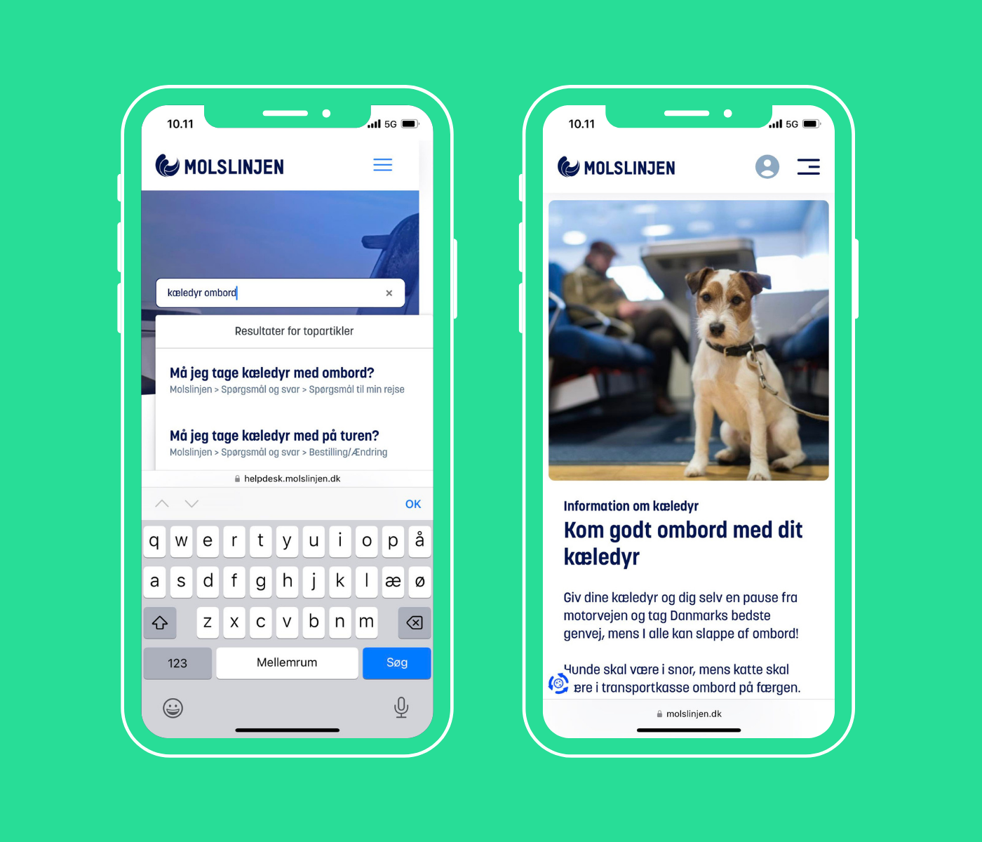 Mobilskærme viser eksempler på at man nu kan søge efter hjælpeartikler gennem Zendesk på Molslinjens hjemmeside. I dette tilfælde om kæledyr må komme med. 